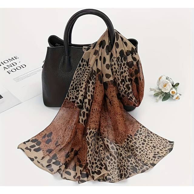 TEMU Women's Vintage Bohemian Leopard Print Chiffon Scarf - Polyester, Breathable & Sun-resistant, Hand Washable - Ideal For Casual Weekend, Travel & Beach , Decorative Headscarf, No Feathers (1pc)