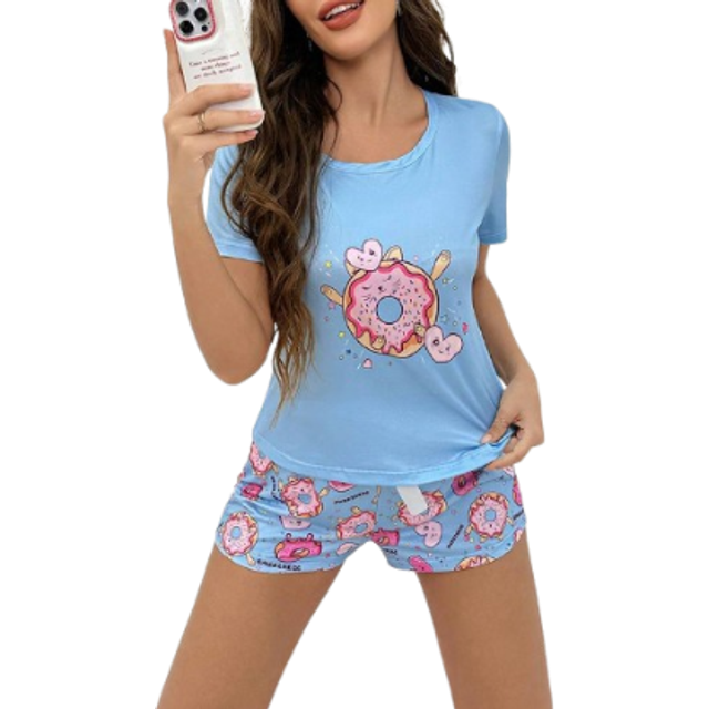 SHEIN Women&#39;s Round Neck Short Sleeve Donut Printed Top And Shorts Pajama Set