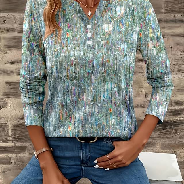 TEMU Women's Geometric Print V-neck Long Sleeve T-shirt - Middle Eastern-inspired Casual , , Medium Stretch & Machine Washable Regular , Ladies T Shirts