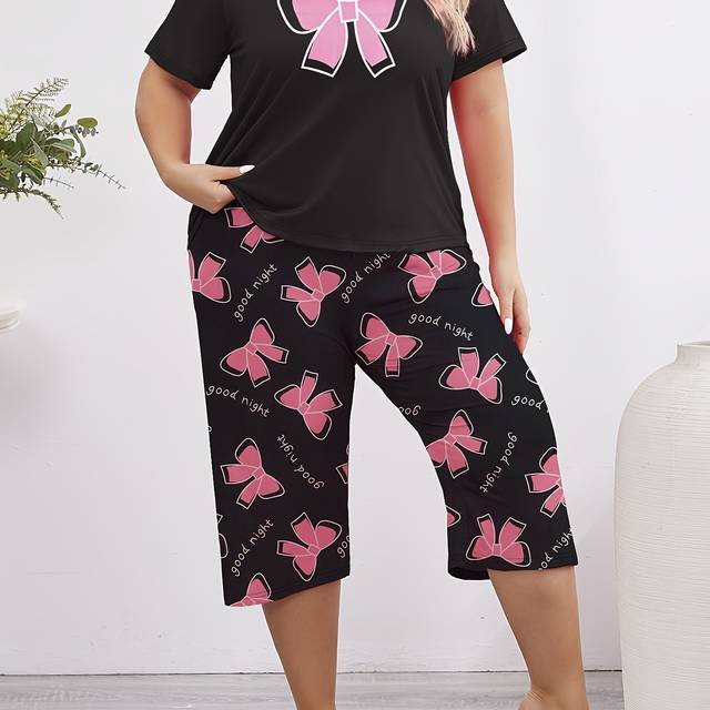 TEMU [customer ] Women's Plus Size Summer Pajama Set - Comfy Bow & Short Sleeve Top With Capri Pants, Breathable Polyester , Machine Washable