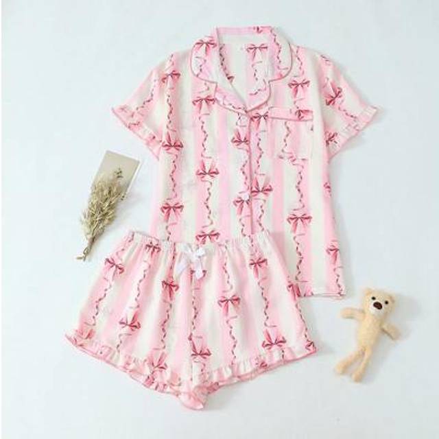 2-delat set för kvinnor vår/sommar blommig och randig rosettkrage knappdekor kortärmad topp med ficka och rosettshorts pyjamas, lämplig för hemkläder - Rosa (L,M,S,XL)