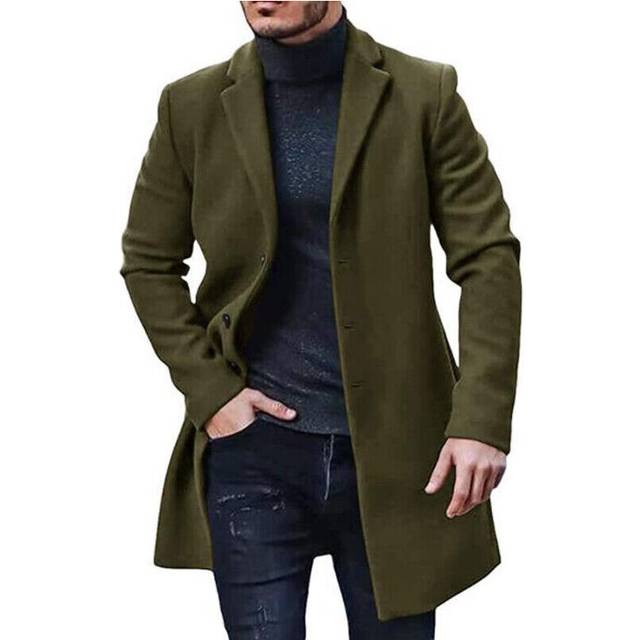 (Green, L) Mens Winter Warm Formal Trench Coat Long Jacket Smart Work Outwear Overcoat