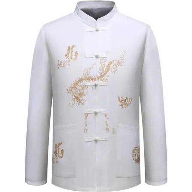 (L, beige) Dragon Patterns  Faddish Casual Chinese Style Men Washable Casual Men Shirt Long-sleeve For Walking
