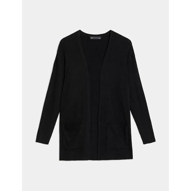 (Black, Large) Long Cardigan Ladies Ribbed Longline With Pockets
