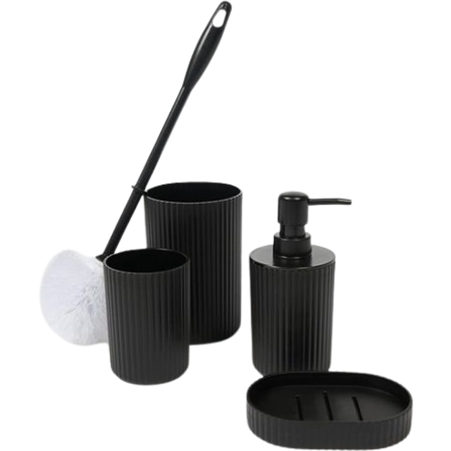Bathroom Accessories 4 Piece Set Ribbed Soap Holder Tumbler Toothbrush - Black - One Size