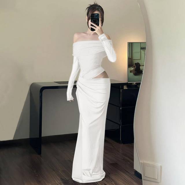 (White, L) Women's Spring Pure Desire One-shoulder Mesh Spliced long Sleeve Hollow Dress For Women