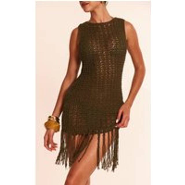 Olive Crochet Boat Neck Tassel Mini Dress, Green