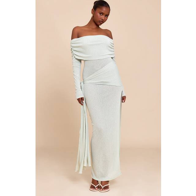 Sage Onion Skin Bardot Tie Waist Maxi Dress, Sage - 12