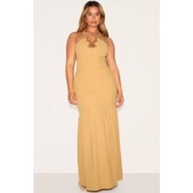 Shape Khaki Linen Look Gold Wave Trim Dropped Hem Maxi Dress, Green - 6