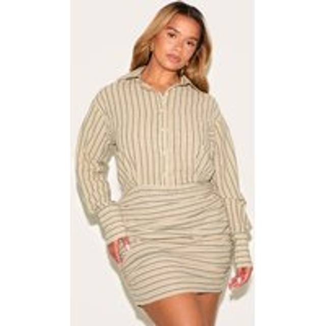 Shape Olive Striped Button Front Ruched Hem Shirt Dress, Olive. - 12