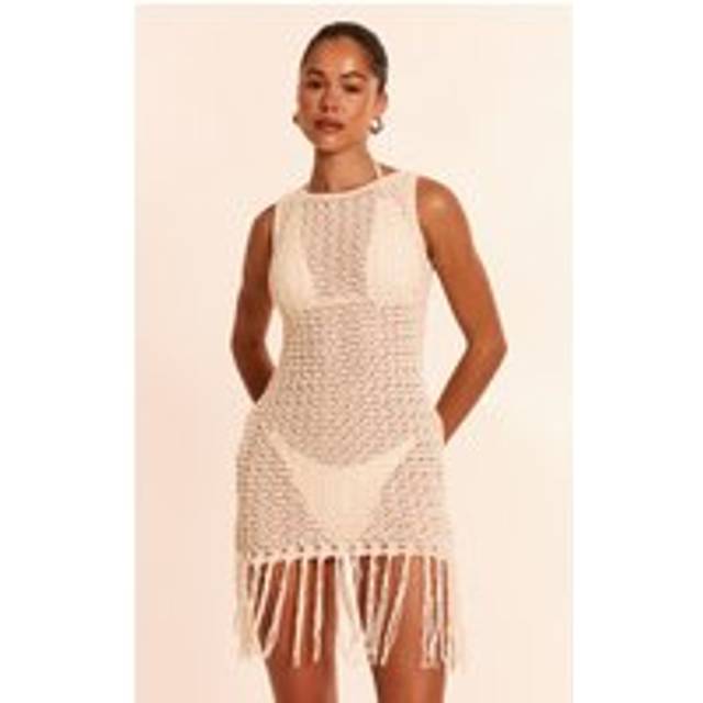 Cream Crochet Boat Neck Tassel Mini Dress, White - S