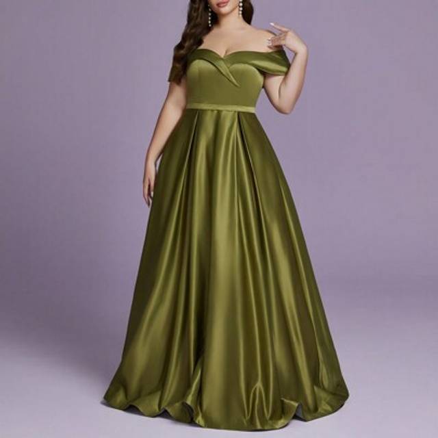 SHEIN Plus Size Off Shoulder Asymmetric Hem Satin Dress, Bridesmaid Dress