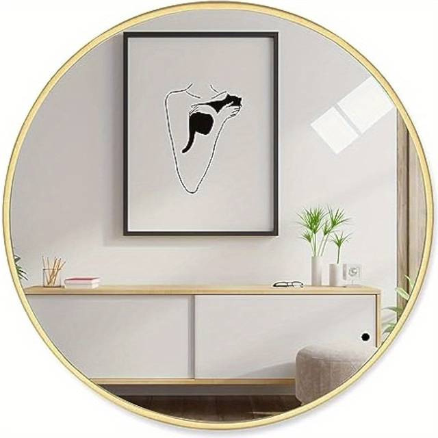 TEMU 50cm Round Mirror, Large Modern Gold Copper Brushed Frame Wall Mirror, Metal Framed Hd Glass Wall Mirror For Makeup Bathroom Living Room Bedroom