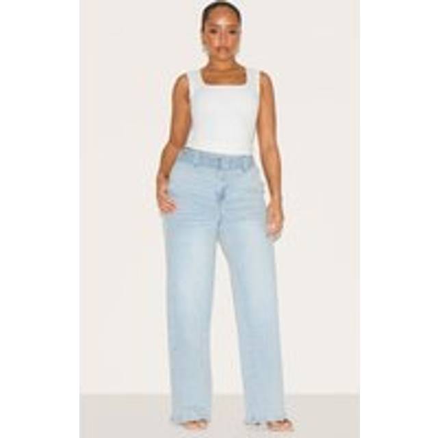 Shape Light Blue Stretch Denim Highwaisted Belted Wide Leg Jeans, Light Blue - 14