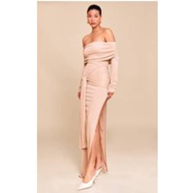 Taupe Onion Skin Bardot Tie Waist Maxi Dress, Brown - 8
