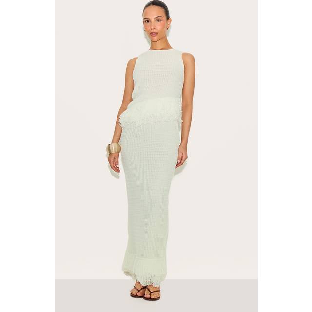 Petite Cream Fringe Edge Knit Maxi Skirt, White - L