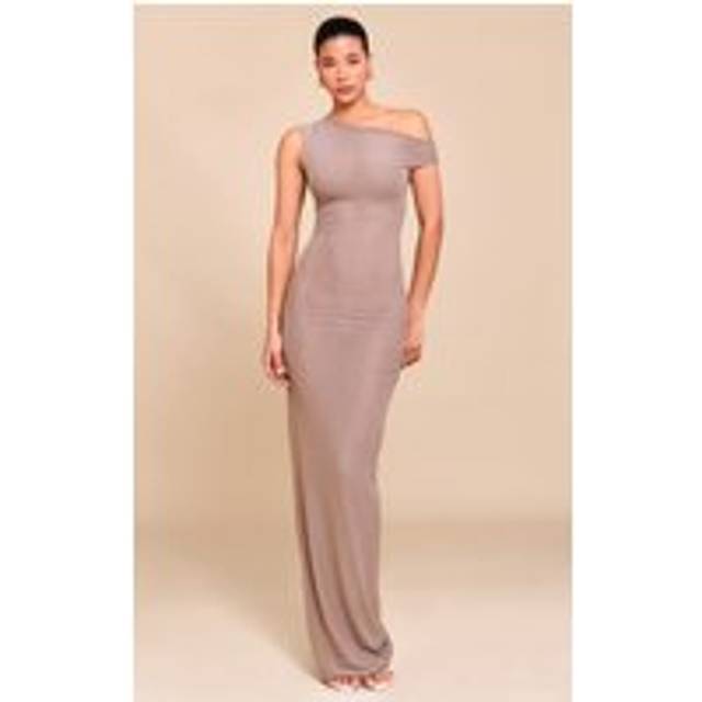 Taupe Double Layer Mesh Asymmetric Neck Maxi Dress, Brown - 6