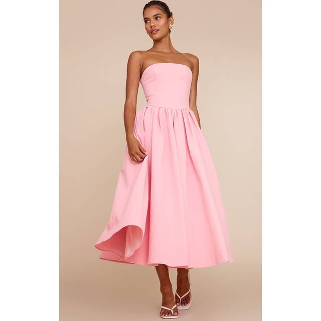 Candy Pink Woven Bandeau Ruched Skater Midaxi Dress, Pink - 12