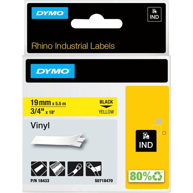 DYMO Rhino Industriella vinyletiketter | 19 mm x 5,5 m | Svart tryck på gult | självhäftande | för noshörning och etiketthanterare