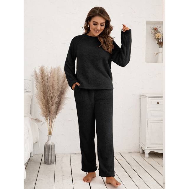 (Black, XL) Womens Fluffy Fleece Fur Tops Pants Pyjamas Nightwear Teddy Bear Pajamas Set UK