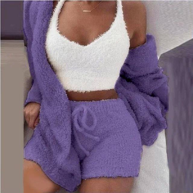 (11, M) Womens Fluffy 3-Piece Pajamas Set  Cozy Winter Sleepwear with Hoodie, Tank