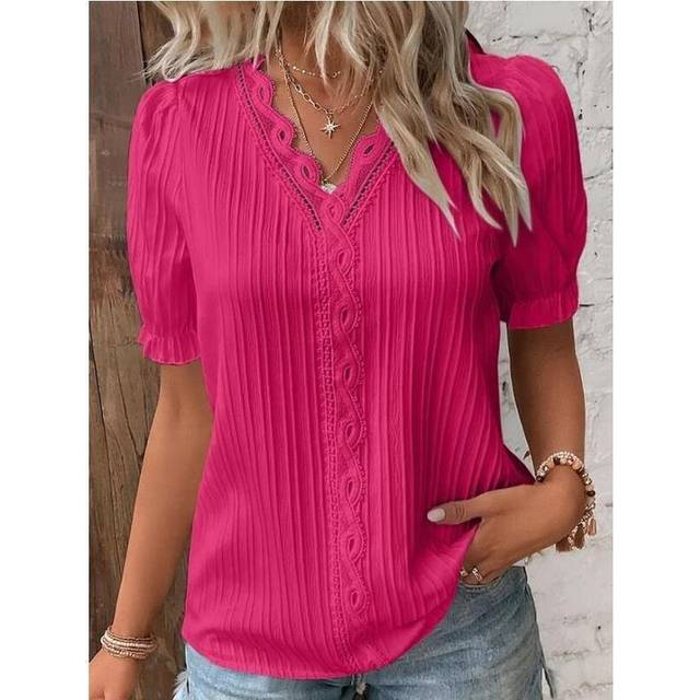 (Rose Red, XL) Elegant Blouse White Shirt Lace  Summer Fashion Pullover Top Office Lady Shirt Ropa Mujer Primavera Verano Blusas Femeninas