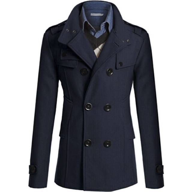 (Navy Blue, L) Men Winter Warm Peacoat Double Breasted Trench Coat Long Jacket Formal Overcoat