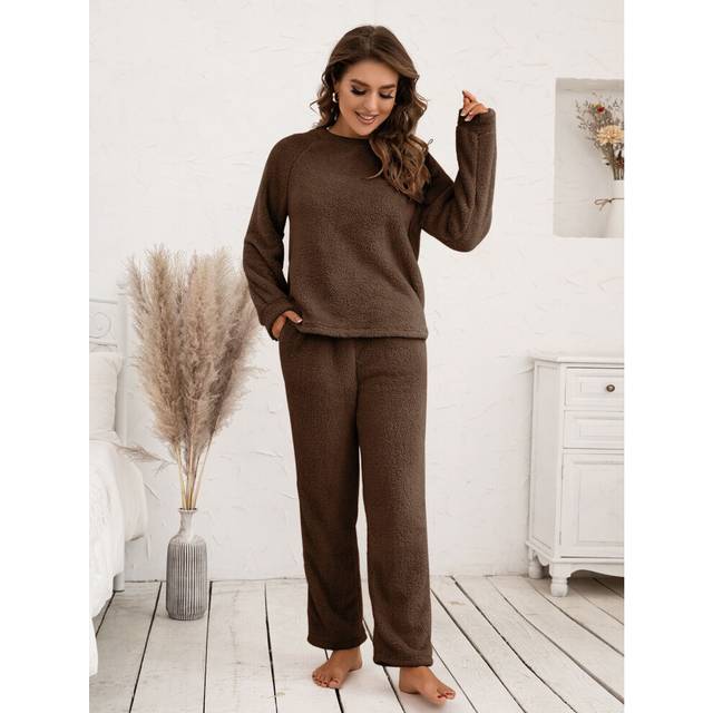 (Coffee, 14) Womens Fluffy Fleece Fur Tops Pants Pyjamas Nightwear Teddy Bear Pajamas Set UK