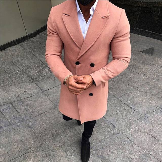 (Pink, L) Men Winter Coat Trench Lapel Outwear Warm Overcoat Long Peacoat Jacket Tops