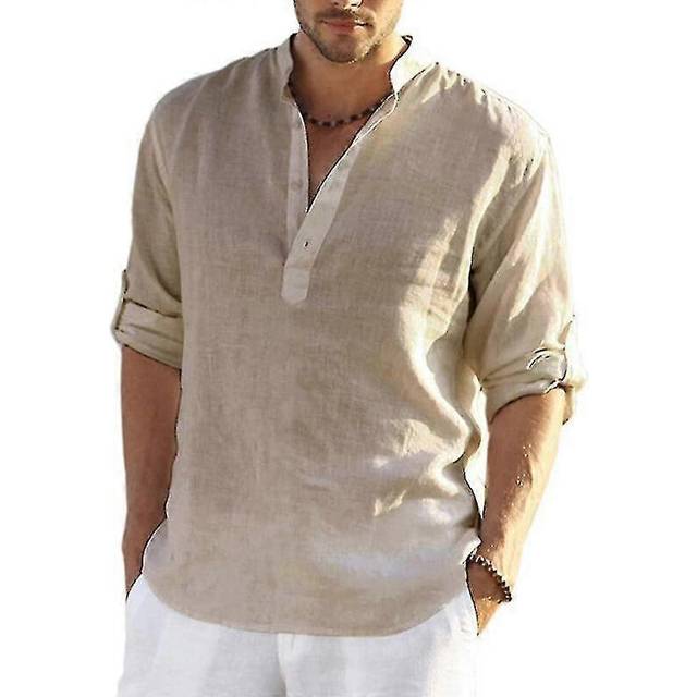 (XXL, Khaki) 2025 Men&#39;s Casual Linen Shirt, Cotton And Linen Long Sleeved Shirt, S-5XL Top