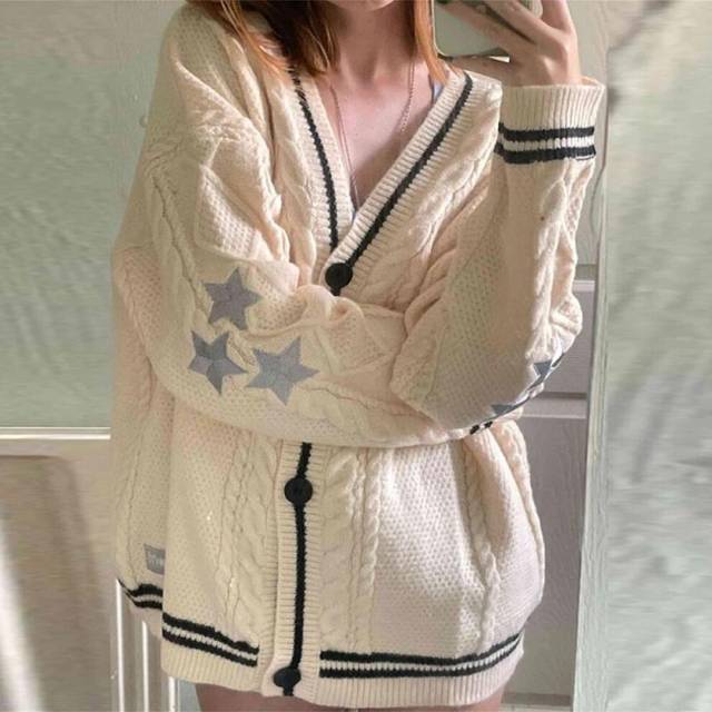 (beige, XL) Chic Vintage Star Print Knitted Cardigan Preppy Cute Button Up V Neck Long Sleeve Coat Autumn Y2K Aesthetics Retro Sweater