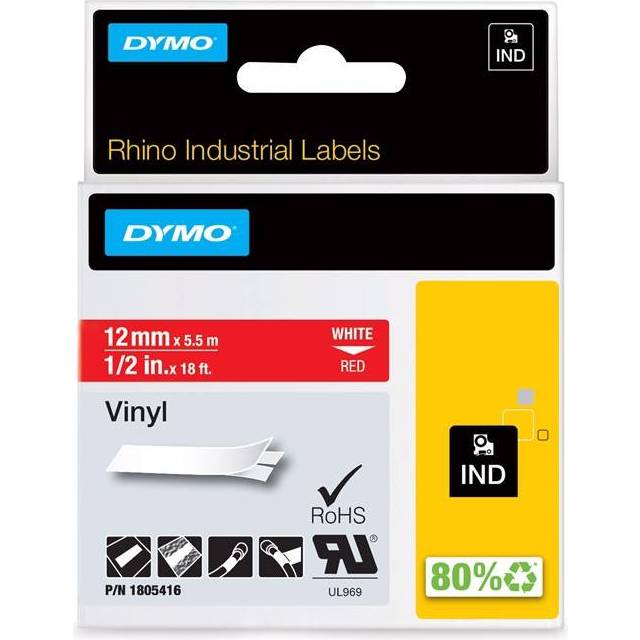 Dymo Rhino 12MM White on Red Vinyl Tape 1805416