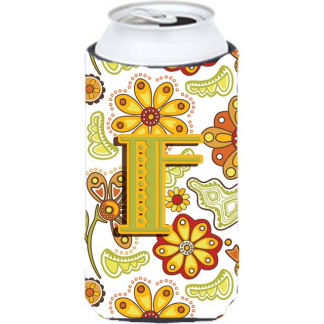 Letter F Floral Mustard and Green Tall Boy Beverage Insulator Hugger CJ2003-FTBC