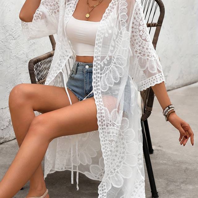 TEMU Stunning Bohemian Beach Cover-up Embroidered Women's Shirt - V-neck, Long Sleeve, Semi-sheer Fabric, Effortless Fit, Chic Style For The Beach, Poolside, Resort, And