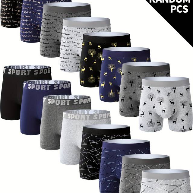 TEMU Stylish High Quality Series - 10 Pcs Men's Geometric Letter Deer Print Stretchy Long Boxer Briefs - Comfy & Quick- Drying & Breathable Underwear Set