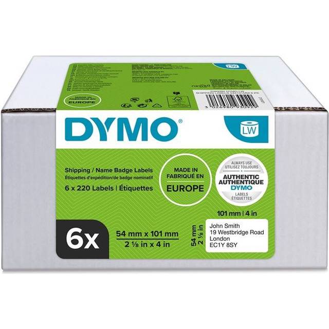 Stora DYMO LW-originalfraktetiketter/-namnetiketter | 54 mm × 101 mm | 6 rullar med 220 etiketter med en baksida som lätt kan dras av (1 320 totalt) | Självhäftande | För LabelWriter-etikettskrivare