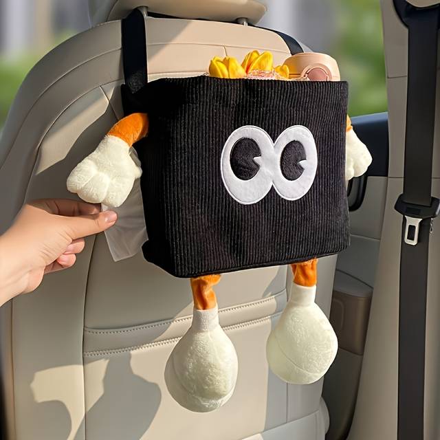 TEMU 2-in-1 Car Trash Can And Tissue Holder - Polyester Fiber, Vehicle Interior Accessories With Umbrella Storage, Portable Garbage Bin For Cars