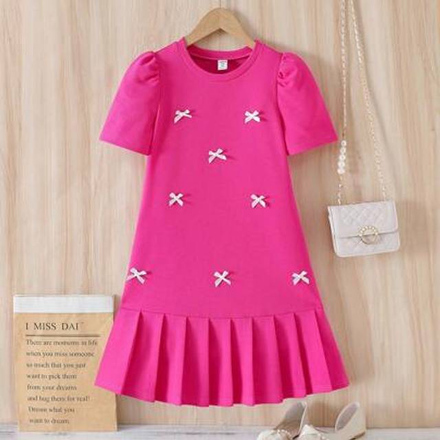 SHEIN 1pc Tween Girls&#39; 3D Bow Decor Short Sleeve Pleated Skirt Loose Fit, Spring/Summer Girl Clothes For Kids Young Girls Dresses Kids Girls Clothing Young