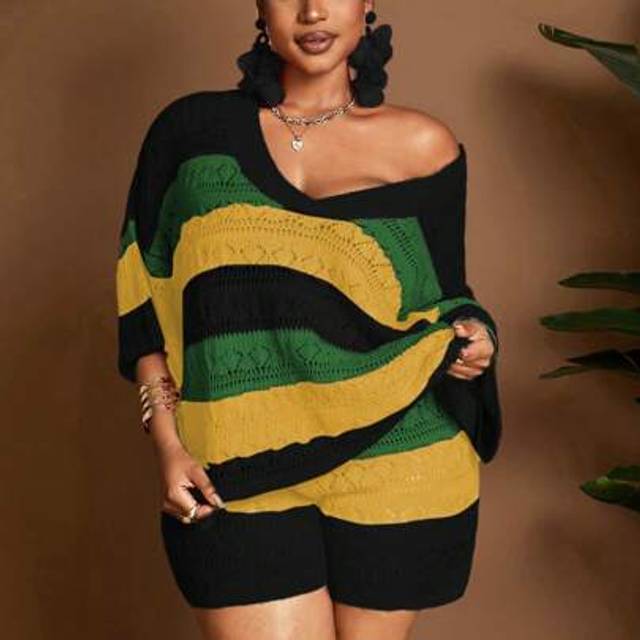 Plus Size Dam V-hals Hollow-Out Holiday Elegant 2 delar Set - Gul (0XL,1XL,2XL,3XL)