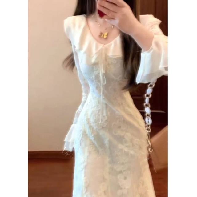 (Bee White, S) Temperament V-neck Lace Long-sleeved Dress In Autumn Korean Style Super Beautiful Fishtail Skirt For Women