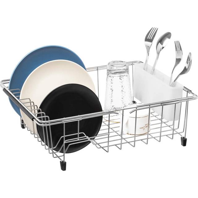 iPEGTOP Dish Drainer with Cutlery Basket, Expandable Dish Drying Rack, Over The Sink in Sink Or On Counter Dish Draining Rack with Removable Utensil