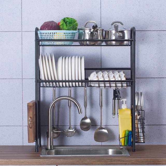 (60cm) Double Layer Shelf Dish Stainless Holder Steel Sink Drain Rack Kitchen Cutlery Drying Drainer Kitchen Storage Rack