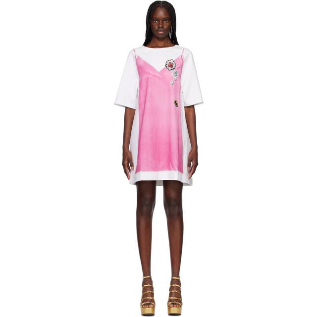 Trompe LOeil Print Mini T-Shirt Dress - WHITE BOW PINK - X-Small / Small