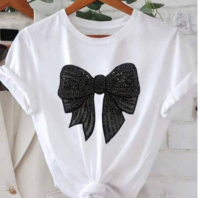 SHEIN Plus Size Women Soft & Fashionable Black T-Shirt With Shiny Bow & Floral Textured Print