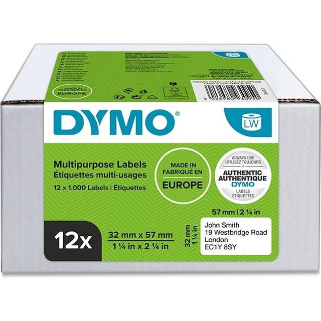 DYMO LabelWriter-originaletiketter för flera ändamål | 32 mm x 57 mm | 12 rullar med 1 000 etiketter som är lätta att dra av (12 000 st.) | Självhäftande | för LabelWriter-märkmaskiner