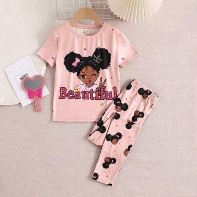 2st Tween Girls Tecknat tryck Snug Fit Kortärmad Pyjamas Set med Andas Stickade Långbyxor - Rosa (8Y,9Y,10Y,11Y,12Y)