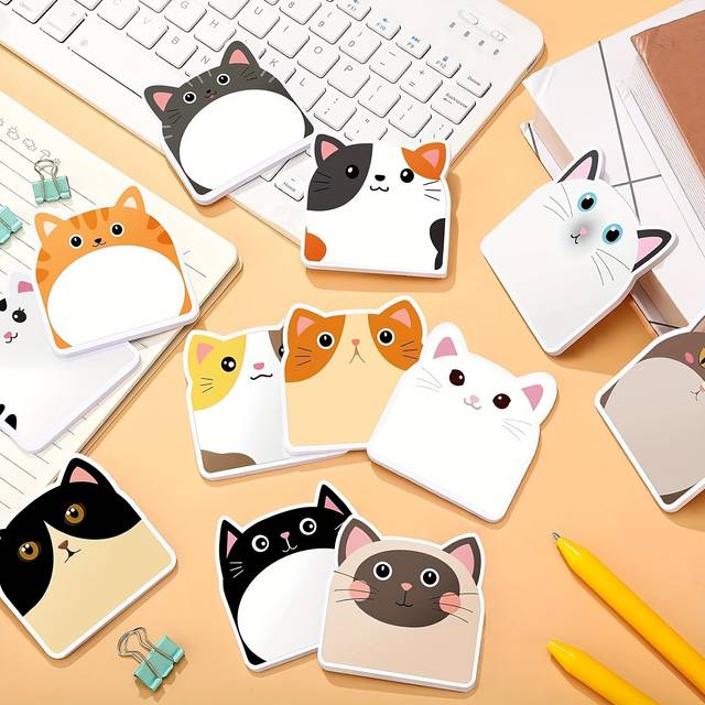 TEMU 12-pack Cat Sticky Notes Set - Cute Animal Die-cut Self-adhesive Memo Pads, Assorted Designs For School, Office & Home Use - Convenient Tear-off Notepads For Reminders & Quick Notes