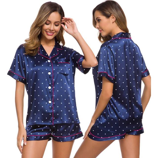 SWOMOG Womens Pajamas Set Silk Satin Sleepwear Short Sleeve Nightwear Button Down Pj Loungewear