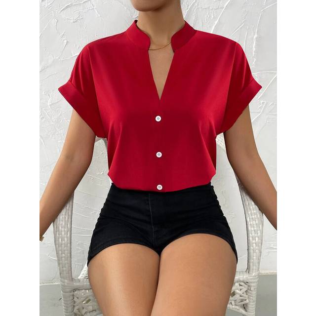 (Wine red, M) Summer V-neck Women's Shirt Casual Office Lady Solid Color Short Sleeve Single Breasted Elegant Women Blouse Femme Blusas