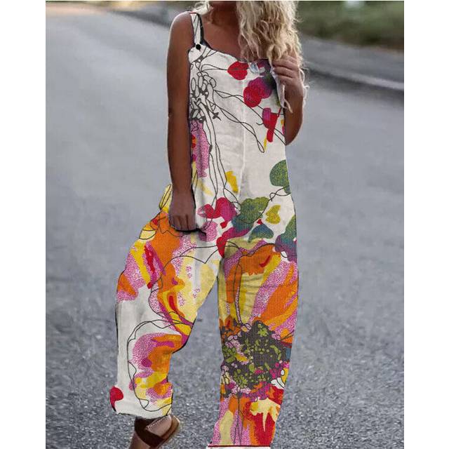 (#6 Pattern 4-Printed Cami Jumpsuit, 3XL) Womens Overalls Dungarees Summer Loose Trousers Ladies Baggy Jumpsuit Playsuit